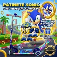 Patinete de Ferro Infantil AZUL Sonic Musical + Kit Proteção Adesivo Personalizado S + Envio Para Todo Brasil + Surpresa