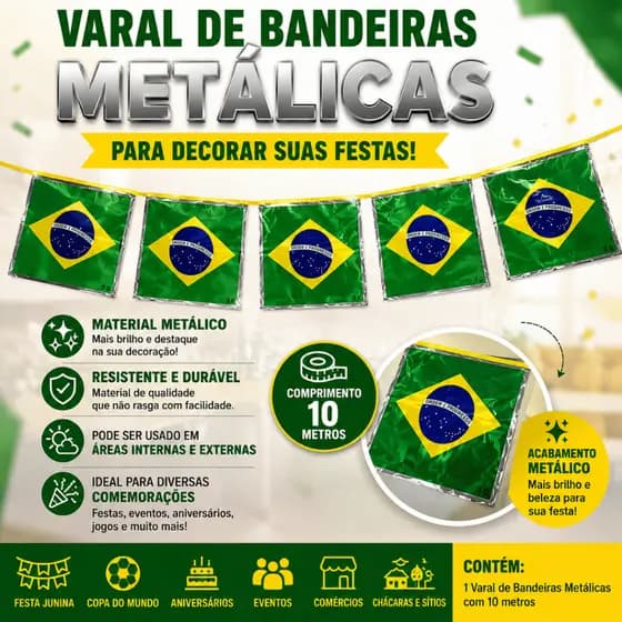 Varal decorativo bandeira do Brasil metalico metalizado bandeirão copa do mundo festa
