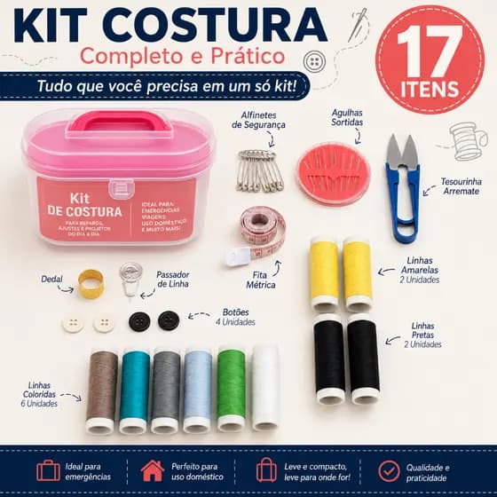 Kit Costura e Linhas Reparos Consertos De Roupas 17 Peças Completo Agulha Linha Tesoura Dedal