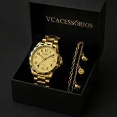 Relógio Feminino Dourado Banhado a Ouro 18k Original Resistente a água + Pulseira