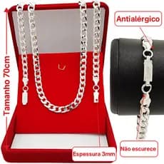 Kit Conjunto Corrente Cordão de 70cm Tipo Grumet Escama Com Pulseira Grumet em Aço Inoxidável