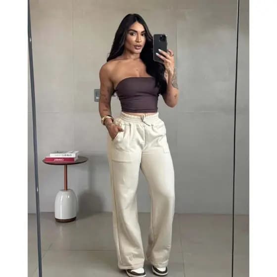 Calça feminina moletom Wide leg pantalona moda gringa com bolso coleção frio   invermo