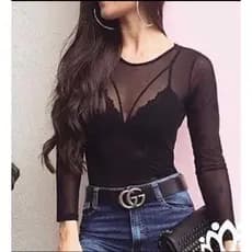 Body feminino manga longa gola redonda de tule preto  aminal print onça bori moda luxo outono /inverno
