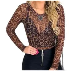Body tule preto onça feminino manga longa  gola redenda bori  modinha top inverno 2022
