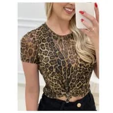 Blusa de tule feminina t.shirt manga curta gola redonda onça e preta blusinha  luxo