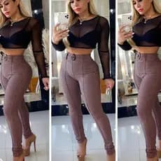 Calça feminina cintura alta skinny tecido grosso justa jacar luxo xadrex com cinto lancamento outono /inverno