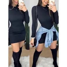 Vestido Tubinho Curto  Feminino manga longa  Gola Alta canelado inverno