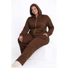 Conjunto Moletom Plus size Feminino Malha Rib com capuz Zíper Inverno frio  confortável