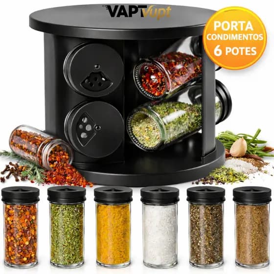 Porta Temperos Giratório Com 6 Potes De Vidro Tampa Dosadora Preto