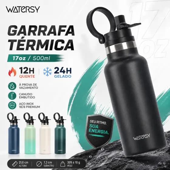 WATERSY Garrafa Térmica Esportiva com Canudo 500ml 17oz
