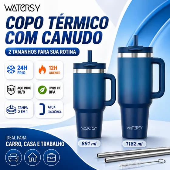 WATERSY Copo Térmico 900ml 1200ml Garrafa Térmico com Inox Canudo e Tampa Viagem Vácuo Dupla Camada