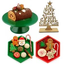 Kit Completo Mesa Natal com Boleira 26cm, Mini Bandejas Hexagonais 17cm e Árvore de Natal Ideal para Festas