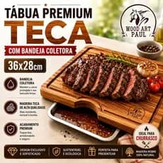 TÁBUA DE CARNE MADEIRA TECA 36x28 COM BANDEJA COLETORA PREMIUM ARTESANAL  PARA CHURRASCO COM FAMILIA
