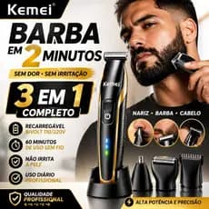 Aparador de Barba Kemei 3 em 1 Profissional Recarregável  Barbeador Elétrico Barba Nariz Acabamento Sem Dor Bivolt