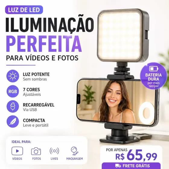 Luz LED para Vídeo Celular Câmera RGB Portátil Iluminação Profissional p/ Gravação Recarregável USB