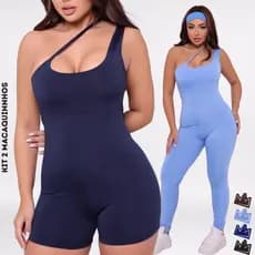 Kit 2 Macacão Longo e Curto Assimétrico, Suplex, Feminino, Academia, CrossFit, Alça Fina e Grossa