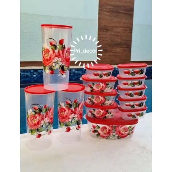 kit conjunto mantimento 3 peças + potes oval 10 peças transparente decorado