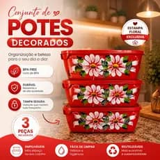 Kit vasilha plástico 3,5 litros com tampa colorida, potes decorado