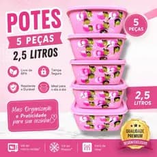 Kit 5 Potes Plástico Quadrado Resistente 2,5 Litros Com Tampa Livre De BPA Ideal Armazenamento