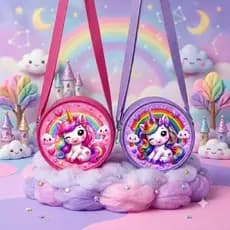 Bolsa Infantil Menina Unicórnio Arco-Íris Fofa | Bolsinha de Ombro para Crianças