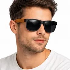 Óculos de Sol Masculino Quadrado Preto com Haste de Madeira, Estilo Moderno e Proteção UV para Dia a Dia