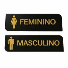 Placas Sinalização De Banheiros Masculino E Feminino Unissex Mdf Acrílico Dourado 30x9 cm