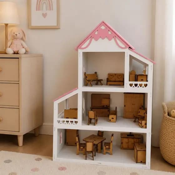 Casinha De Boneca Infantil 40 cm Com Moveis Inclusos Em Mdf Pintado E Decorado Casa Brinquedos