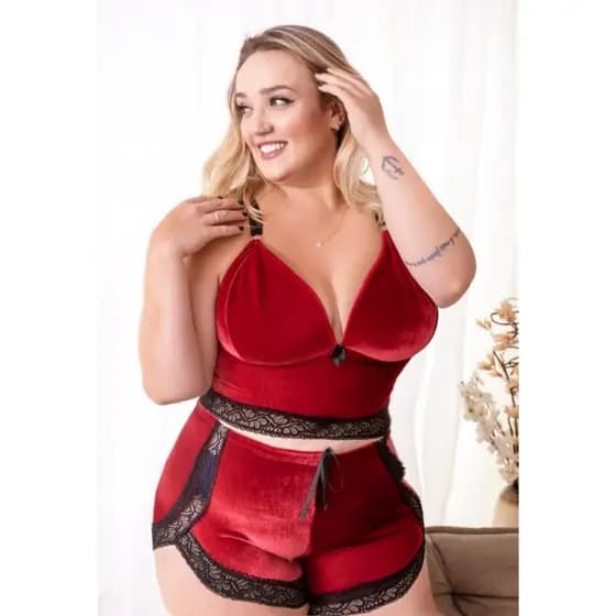 Short Doll Baby Doll Pijama Plus Size Veludo com Renda Confortável Tamanho Especial 48 a 54 Linha Noite Roupa de Dormir Grande
