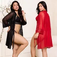 Kit 2 Robe Feminino De Tule Transparente Com Renda Manga Longa Elegante Dia Dos Namorados Kimono