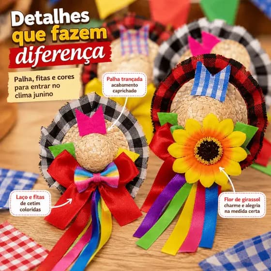 Tic Tac Chapeu Junino Presilha de Cabelo Enfeite de Cabelo Chapeuzinho Junino Festa junina