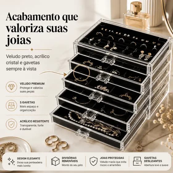 Organizador Porta-Joias e Maquiagem com 5 Gavetas e Divisórias com Veludo • Caixa Elegante e Prática
