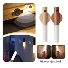 Kit 2 Luminaria Luz Led Recarregável Sensor de Movimento Arandela de Madeira Minimalista Para Mesa Parede