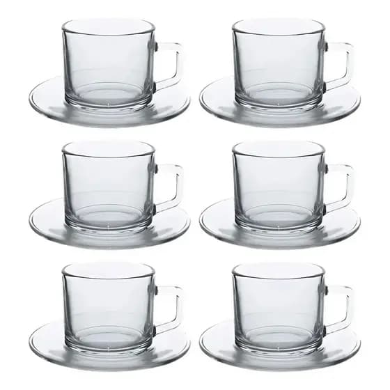 Jogo Xícaras Café Com Pires Chá 12 Peças Vidro Incolor 176ml