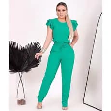 Conjunto Feminino Casual Elegante Blusa Calça em Linho Alfaiataria Com Babado Na Manga Cores Primavera Roupa Feminina