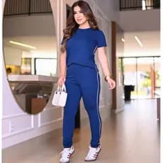 Conjunto Feminino Casual Elegante Blusa Calça Moletinho Listras Academia Fitness Roupa Moda Feminina 2025 Promoção