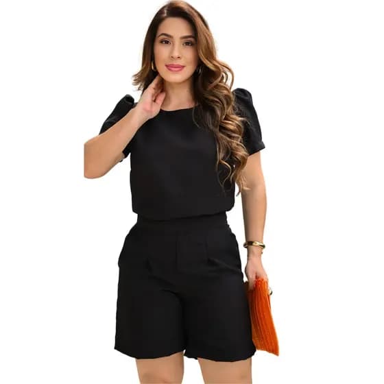 Conjunto Feminino Sofisticado Bermuda Short + Blusa em Linho Básico Chique Roupa Feminina Trabalho Promoção Imperdível