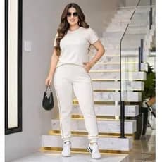 Conjunto Feminino Casual Blusa Calça em Moletinho De Algodão Premium com Listra Academia Fitness Chique Roupa Feminina