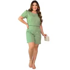 Conjunto Feminino Sofisticado em Linho De Bermuda De Short Blusa Look Elegante Moda Cores Verão 2025 Roupa Feminina