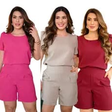 Conjunto Casual Social em Linho Premium De Bermuda Short Blusa Cores Primavera Verão 2026 Roupa Feminina Oferta Especial