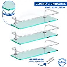 Kit 3 Prateleira Porta Shampoo Banheiro Alumínio Vidro Reto Antiferrugem Suporte Parede Organizador