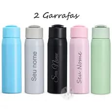 Kit 2 garrafas alumínio 600 ml personalizada com nome tampa rosqueável com alça para transporte