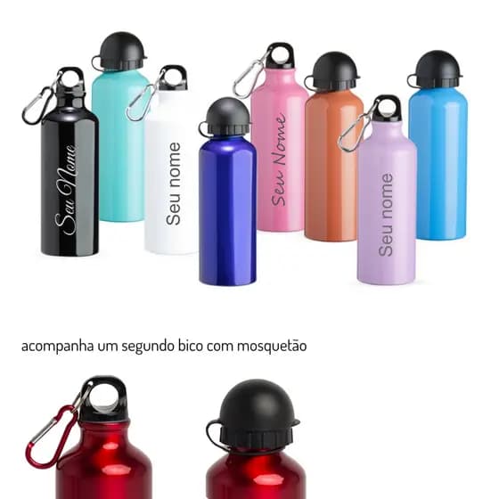 Garrafa Squeeze Alumínio 500 ml Metalizado personalizado nome com tampa rosqueável e bico mosquetão