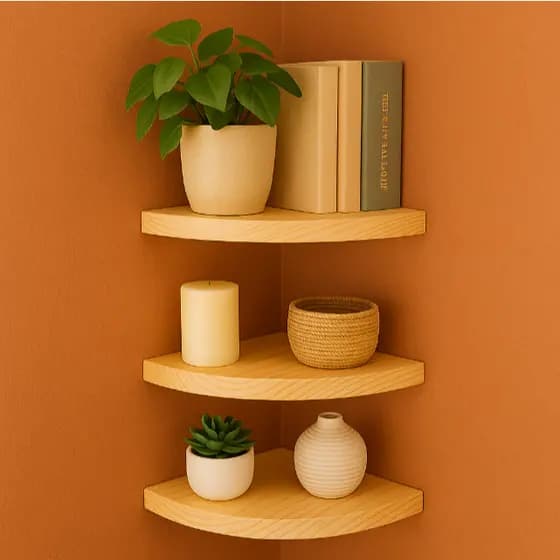 Kit 3 Prateleiras de Canto em Madeira Pinus Natural – Suporte de Parede Decorativo Rústico