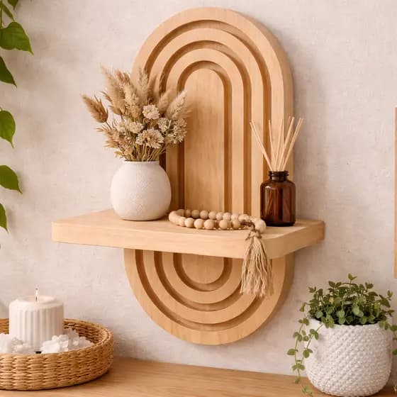 Prateleira Decorativa Boho Suspensa de Parede em Madeira Pinus  com Design Moderno para Objetos e Plantas