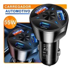 Carregador Veicular Turbo USB 3.0 USB-C 55W - Carregamento Rápido e Proteção Segura