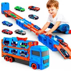 Caminhão Cegonha Com 6 Carrinhos Brinquedo Vira Pista De Corrida 1,64 M - For Kids