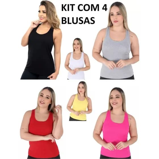 Kit 4 Blusas Blusinhas Feminina de Alça Larga Regata Nadador Basica Academia