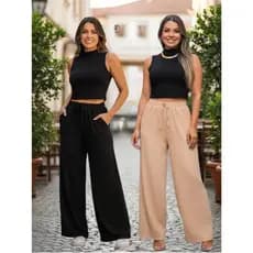 KIT 2 Calça Pantalona Feminina Com Bolso Cintura Alta Duna