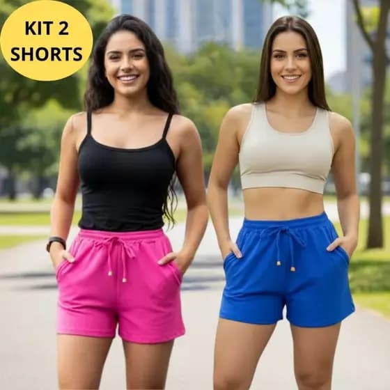 Kit 2 Short Shortinho Feminino Com Bolso Leve Soltinho Verão Praia Tecido Duna