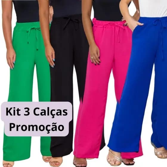 KIT 3 Calça Pantalona Feminina Com Bolso Cintura Alta Duna